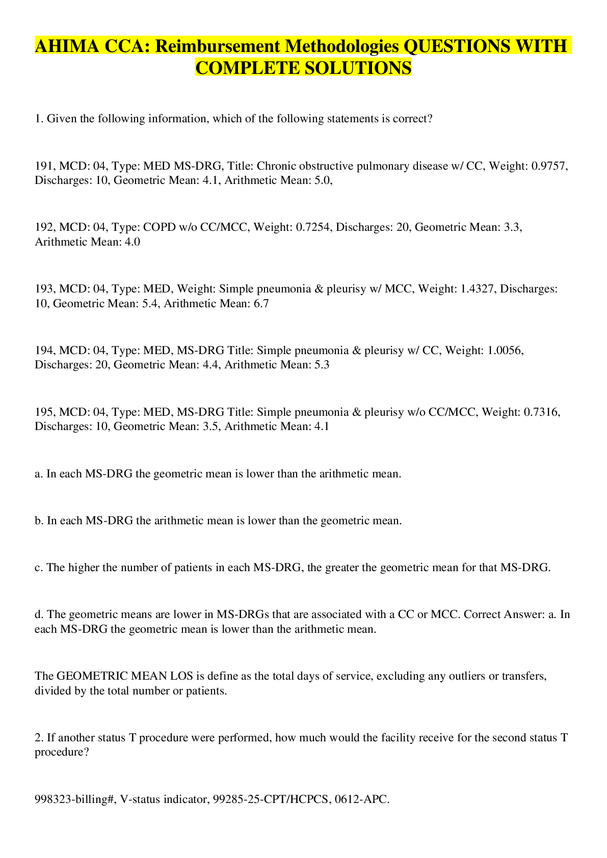 Preview image for AHIMA CCA: Reimbursement Methodologies QUESTIONS WITH COMPLETE SOLUTIONS